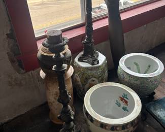 brass candlesticks, propeller clock, Asian and decorative pedestals, Asian Urns and wooden stands