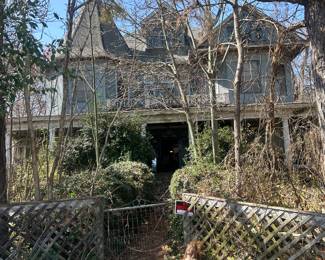 view of front of house through overgrowth and trees