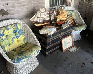 wicker, boats and steamer trunk