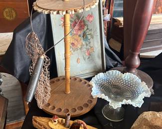 old fish net, cast iron ship, fenton art glass, old linens, painted tray, mah emp pedestal, fishing rod holder