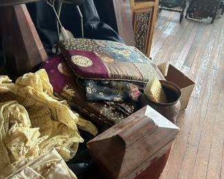 vintage lace, linens, empire piano stool, Tea caddy, brass items, round center table