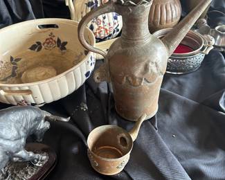 bronze bull, copper items and antique bowl and pitcher set