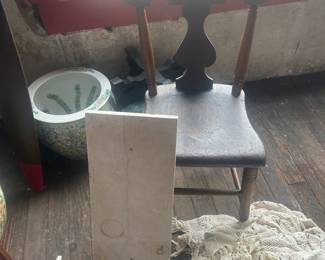 pieces of white marble, vintage lace, wooden antique chairs, teak wood bases, Asian plant pots