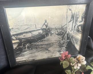 vintage framed black and white fishing photo ca. 1900