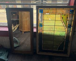 Victorian rectangular mirror and antique stained glass