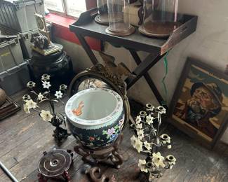 jade items , Asian urn on stand, ship captain artwork, federal style mirror with eagle on top, 2 pc vintage serving table , easels and domes of glass with wooden bases