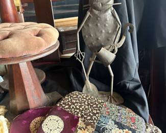 vintage fabrics, empire piano stool, metal yard frog