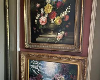 oil on canvas of still life of flowers and of a garden stream