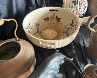 bronze bull, copper kettle and items with antique three pc bowl and pitcher set