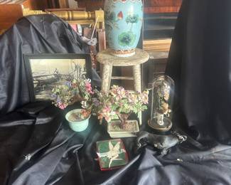 antique wood stool, vases , old framed photos, jade Asian plants, victorian domes on base, collectible christmas items