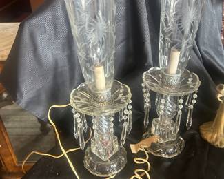 match pair of electric crystal hurricane lamps with prisms