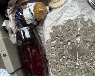 totes of misc art glass, glassware and silverplate trivets and items