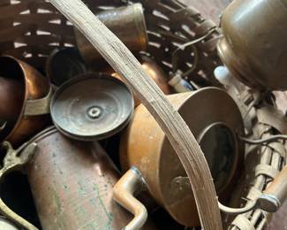 antique handmade basket with handle full of antique and vintage misc copper items