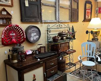 Antique Dentist Chair, Vintage Hoosier Cabinet, Antique Shutters, Windows, cast iron, torches, and wall decor