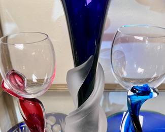 Thames Art Glass Vase; Pair of Thames Art Glass Wine Glasses