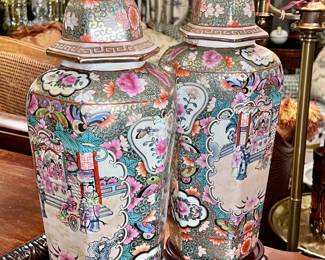 Pair of Vintage Hexagon Rose Famille Ginger Jars w/Lids & Stands