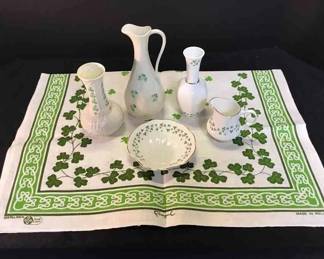  06 Belleek Vase, Pitcher Royal Tara Clam Bowl, Bud Vase Small Pitcher Fingal Linen Tea Towel