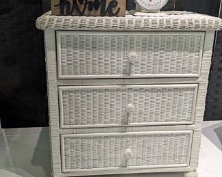 3 Drawer White Wicker Night Stand $75 / Vintage White Wicker Baby Scale $50
