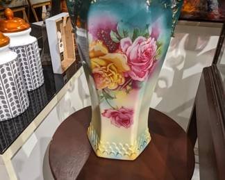 Early 1900s Hand Painted Ceramic Vase (Roses) (as is, small crack on handle) / $75