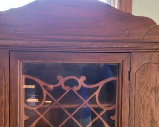 Close-up #3 Vintage Glass Front China Cabinet, interior shelves have plate rail, original hardware, dovetail construction.  
67 1/2" H x 15" D x 35" W