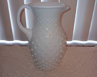 8 1/2 White Hobnail pitcher "as is" $10.00 (One hobnail is chipped off)