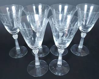 Etched Glass Wine Goblets, Water Glasses, Champagne, Cordial Glasses and Dessert Plates