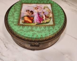 ANTIQUE BRASS AND PORCELAIN HAND PAINTED SIGNED JEWELRY BOX