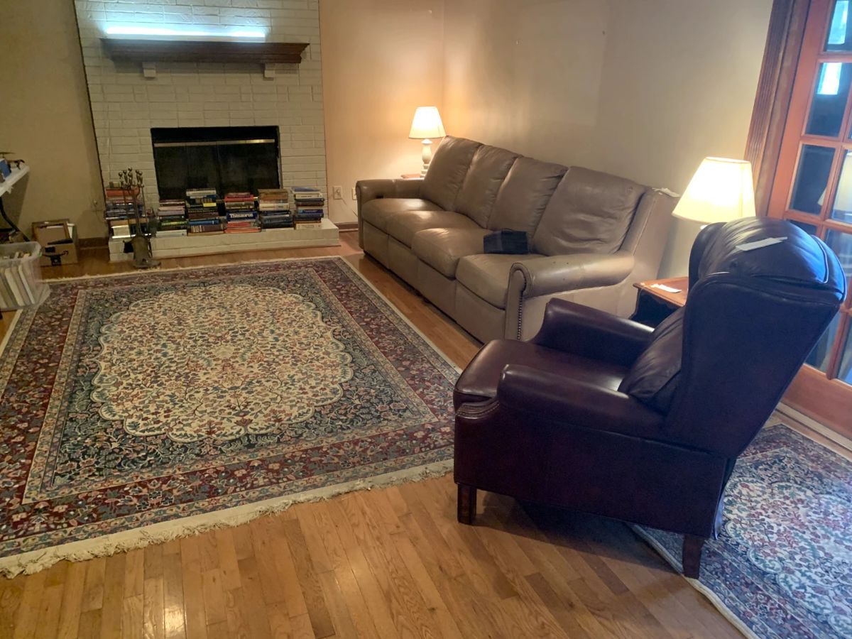 #1	Tan Leather Double Recliner (one side doesn't work) (as is burns on Arm) - 104" Long	 $100.00 			
#2	Burgundy Leather Recliner w/nail head trim	 $200.00 			
#3	Machine Made Rug Burgundy/Blue/Cream - 93x130	 $50.00 			
