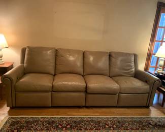 #1	Tan Leather Double Recliner (one side doesn't work) (as is burns on Arm) - 104" Long	 $100.00