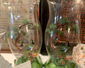 #130	Hand-Painted Vintage Glass Hurricanes w/green Base w/12" peacock painted - Pair (as is )	 $25.00
