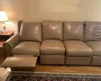 #1	Tan Leather Double Recliner (one side doesn't work) (as is burns on Arm) - 104" Long	 $100.00