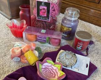 Yankee candles, floral trinket dishes, art glass tulip cup,