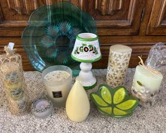 Blue green vintage glass plates, candles, more