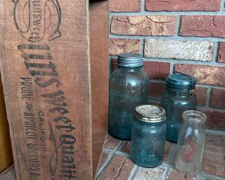 Farmhouse Sunsweet prune box and blue  Ball mason jars, milk bottle