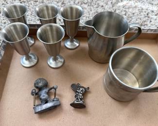 Pewter hollow ware and lead figurines