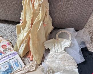 18” doll with large trousseau of handmade clothing including wedding dress
