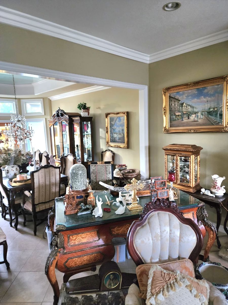 Vintage  Bau Dining Room Set
*16 person dining table with extentions
* 4 arm chairs, 12 armless chairs
* Buffet serving table
* Dining cabinet