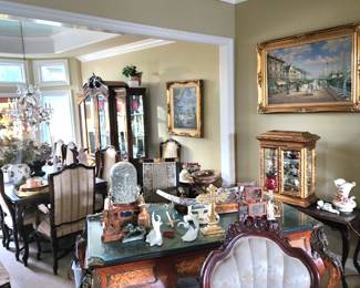 Vintage  Bau Dining Room Set
*16 person dining table with extentions
* 4 arm chairs, 12 armless chairs
* Buffet serving table
* Dining cabinet