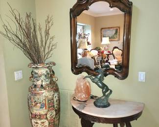 Oriental Vase with stand $500 obo 

Marble and wood table $400 obo 

Wood Mirror $300 obo
