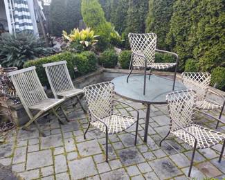 Teak folding deck chairs and vintage  Brown Jordan Patio set 