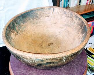 Vintage wood bowl with wicker top band