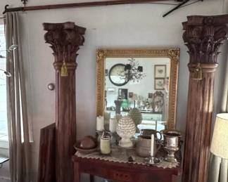 Huge Carved  Wood pillars Large gilded mirror 