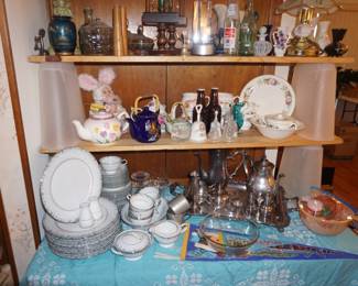 Noritake China, tea pots, Violet Dish set, bells, Silver plate coffee and tea service, decor