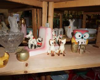 book ends, figurines, owls, Siamese cats, chicken salt and pepper shakers
