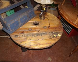 spool table, lamp, wood box