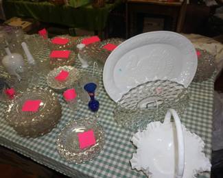 Fostoria, turkey platter, milk glass basket