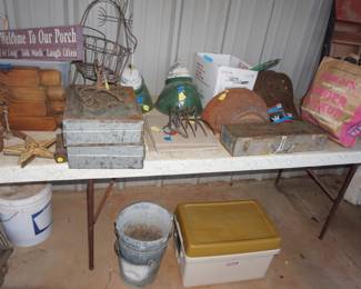metal boxes, planters, buckets, ice chest, toys,