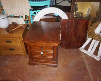 side tables, old doors, wreath, wreath holder, gavels, chamber pot
