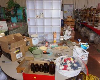 cubby, thread, baskets, round table, jars, enamel ware, door knobs and more