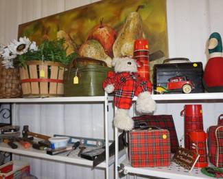 baskets, tools, decor, red plaid lunch boxes, thermos